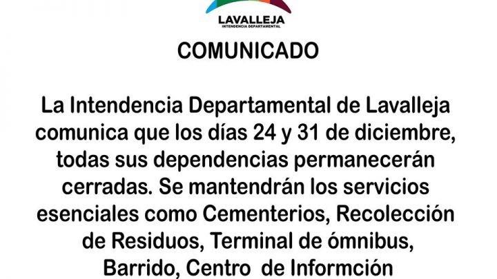24.12.2019 Dependencias de la Intendencia cierran hoy y el 31 de diciembre